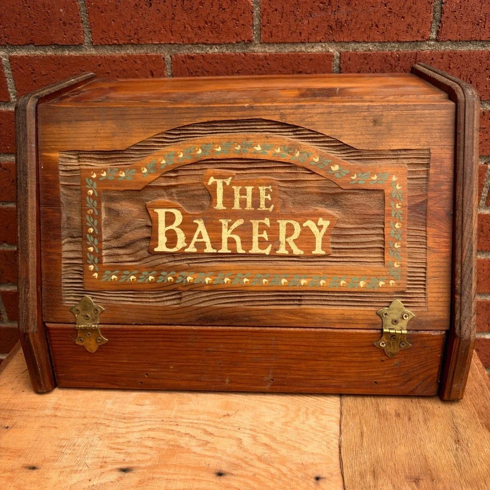 Vintage Wooden Bakery Bread Box Hinged Front Panel Rustic Finish 16